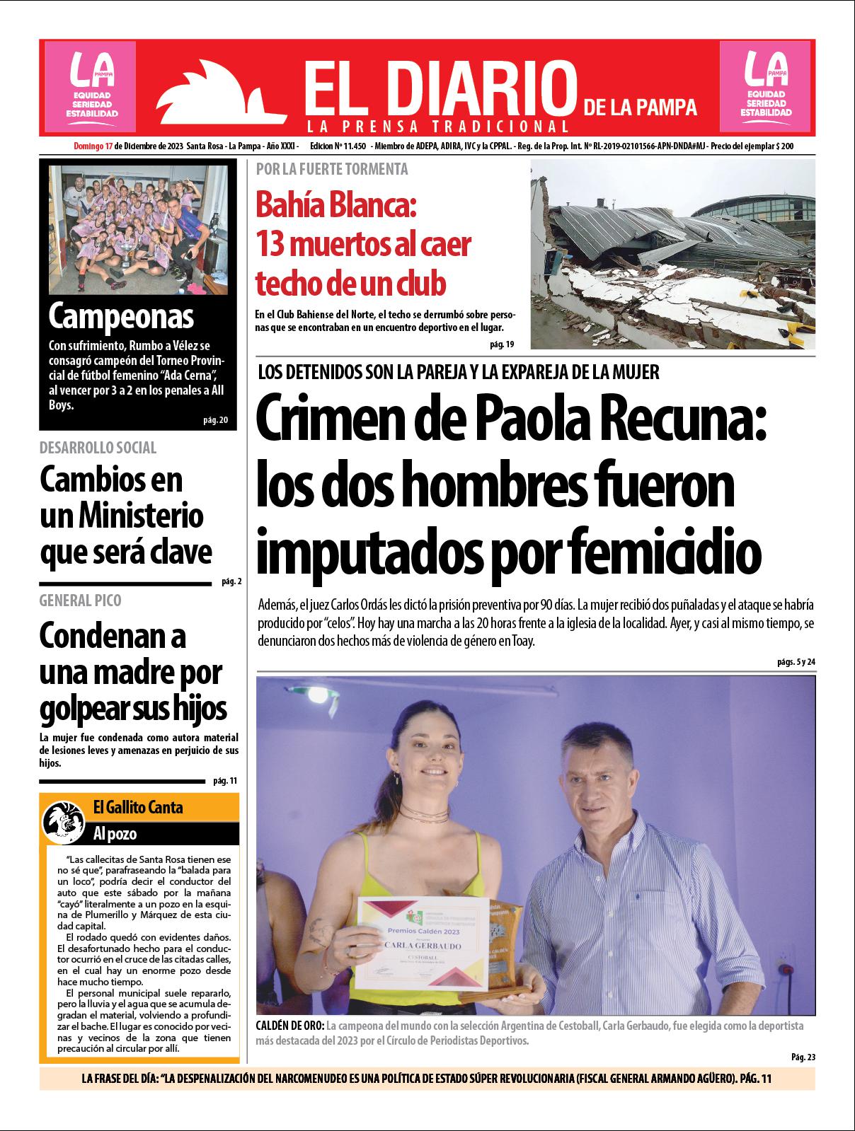 Tapa de El Diario en papel  domingo 17 de diciembre de 2023